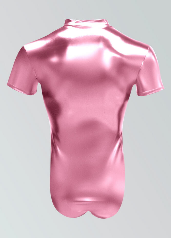 Mens Metallic Shiny Short Sleeve Zip Front Leotard
