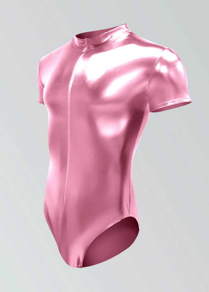 Mens Metallic Shiny Short Sleeve Zip Front Leotard
