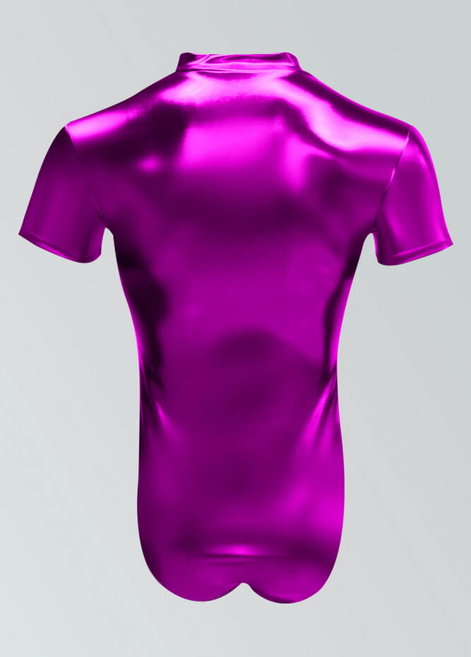 Mens Metallic Shiny Short Sleeve Zip Front Leotard