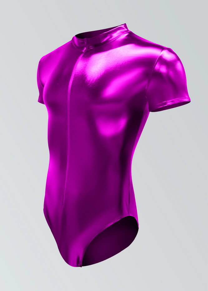 Mens Metallic Shiny Short Sleeve Zip Front Leotard