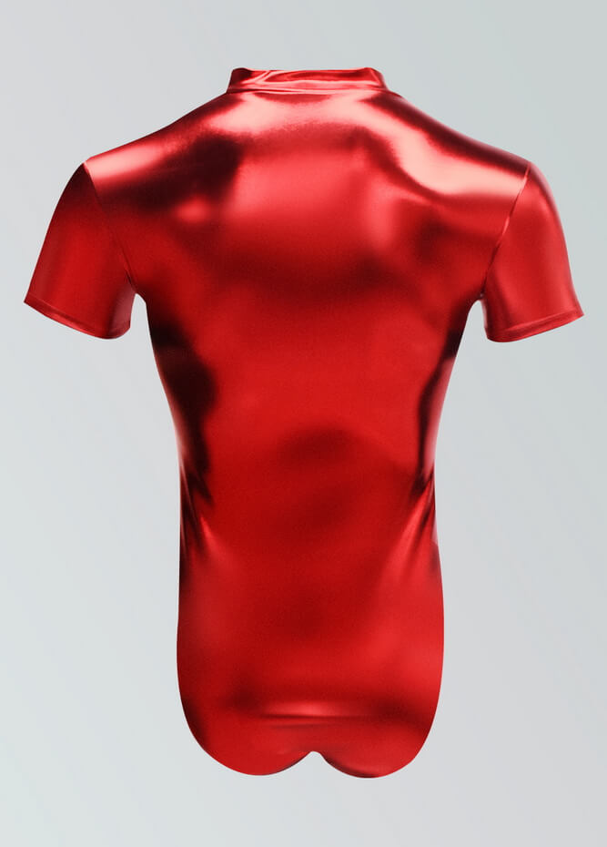 Mens Metallic Shiny Short Sleeve Zip Front Leotard