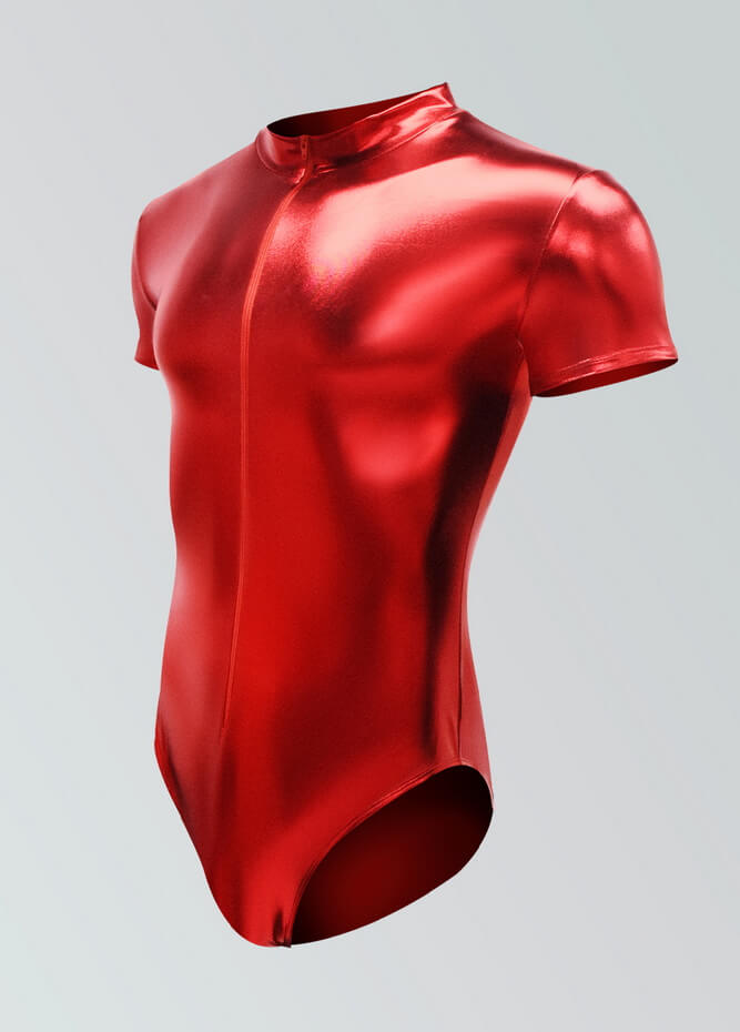 Mens Metallic Shiny Short Sleeve Zip Front Leotard