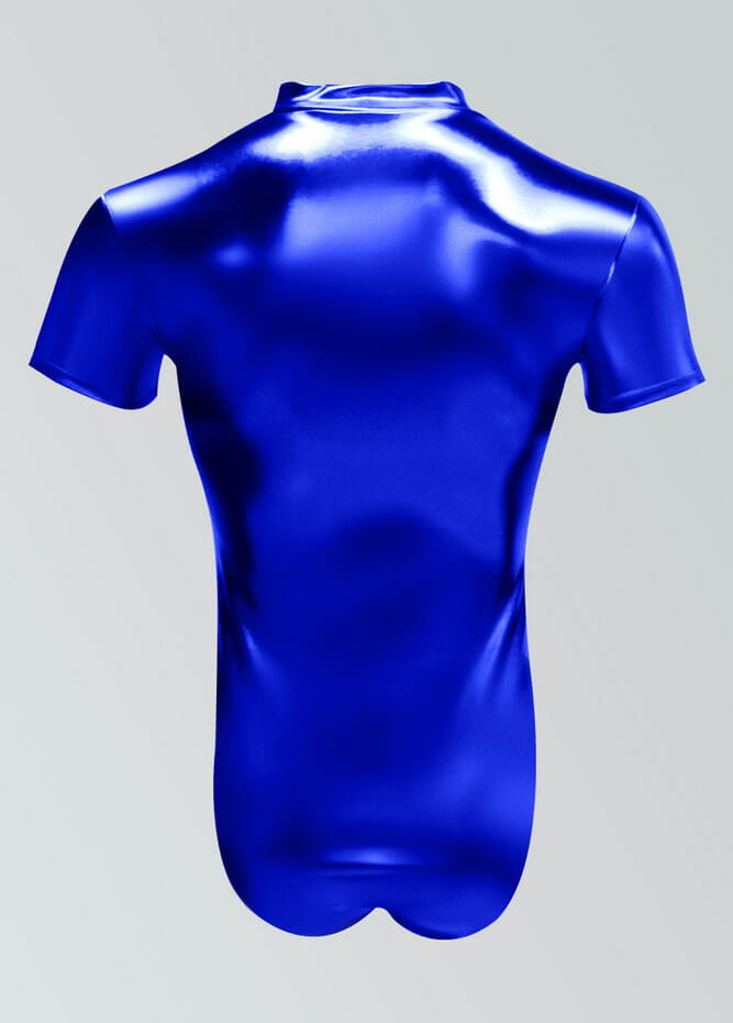 Mens Metallic Shiny Short Sleeve Zip Front Leotard