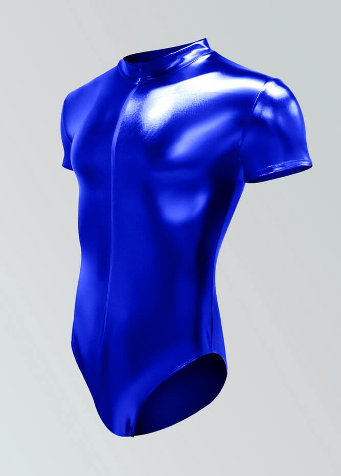Mens Metallic Shiny Short Sleeve Zip Front Leotard