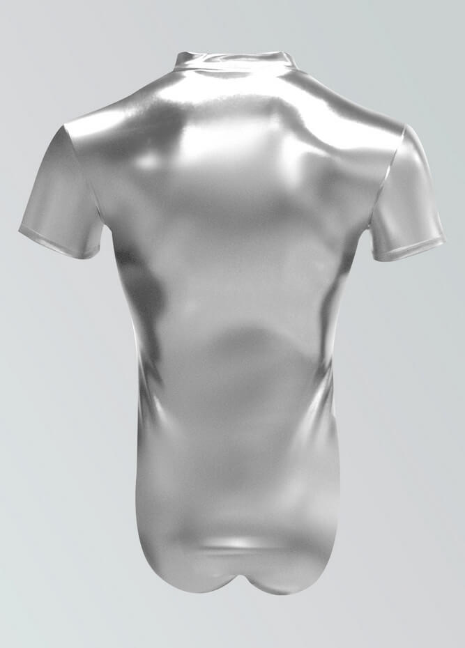 Mens Metallic Shiny Short Sleeve Zip Front Leotard
