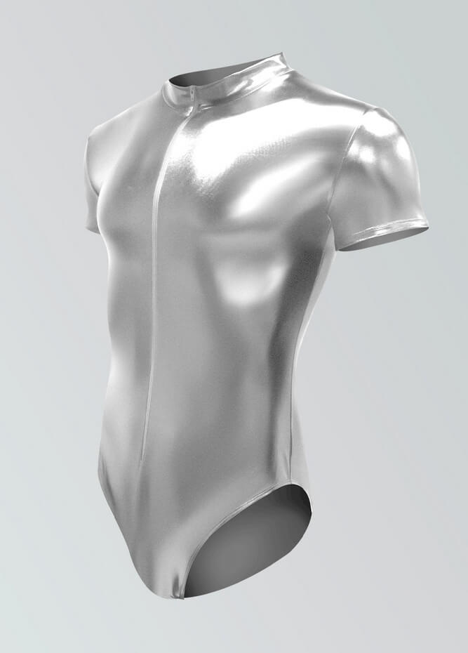 Mens Metallic Shiny Short Sleeve Zip Front Leotard