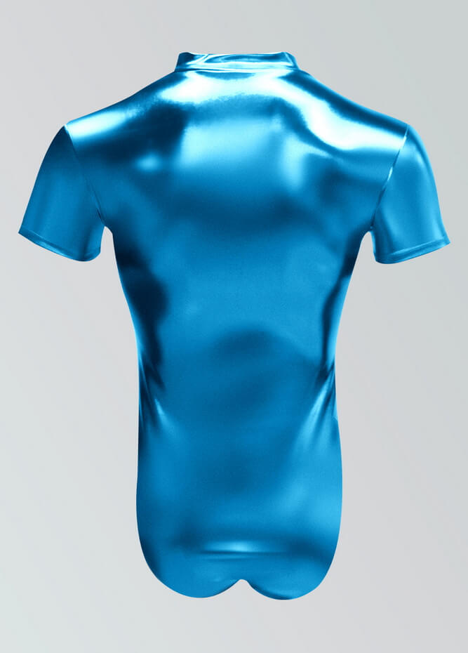 Mens Metallic Shiny Short Sleeve Zip Front Leotard