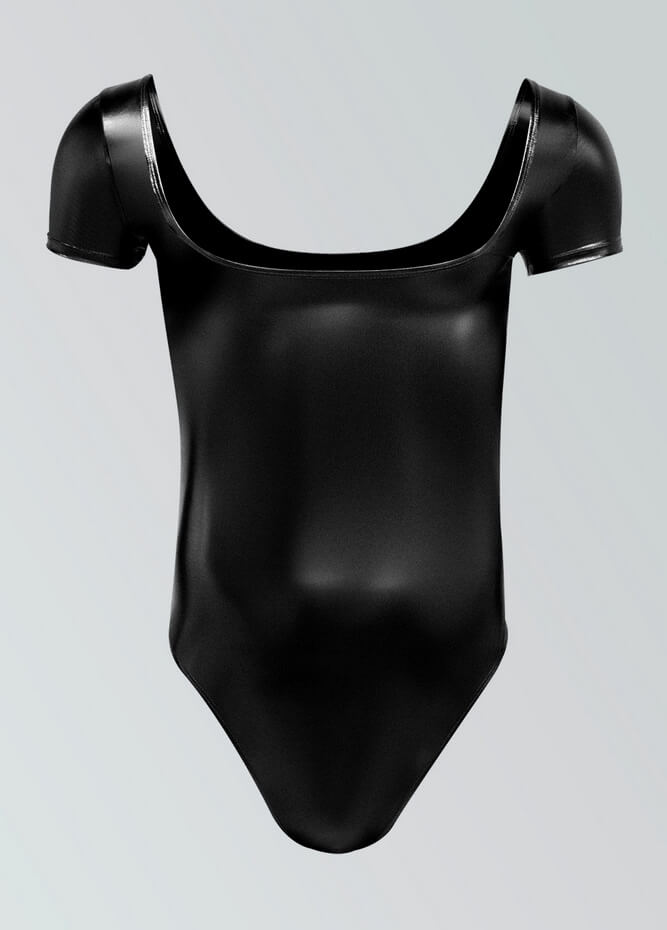 Mens Shiny Metallic Short Sleeve Square Neck Thong Leotard