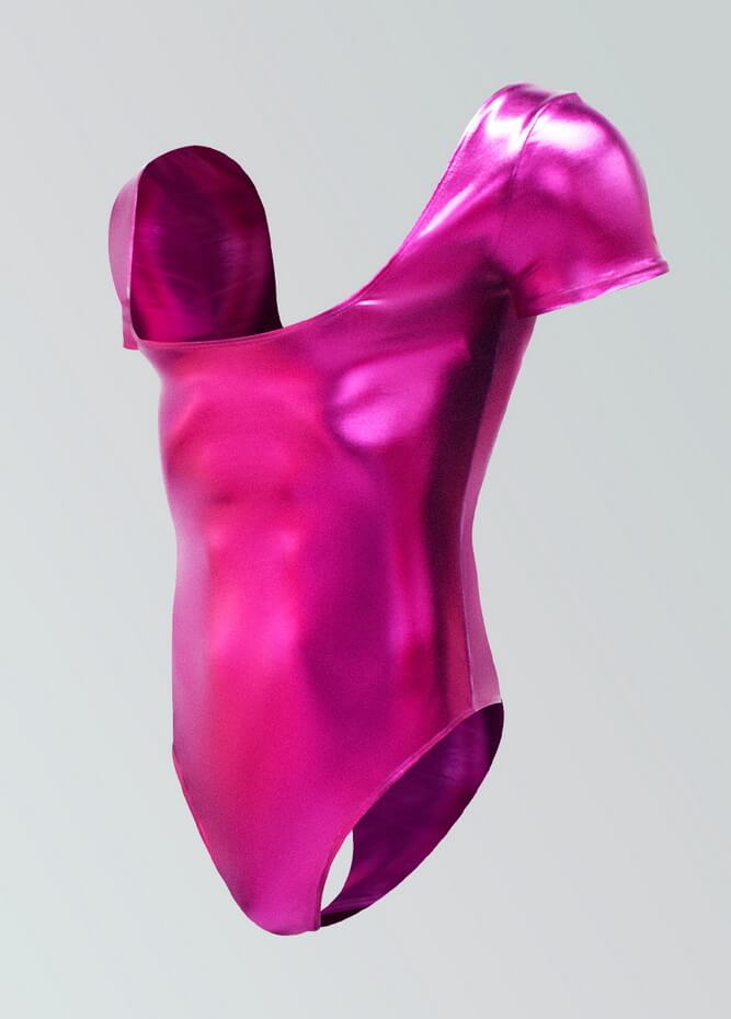 Mens Shiny Metallic Short Sleeve Square Neck Thong Leotard