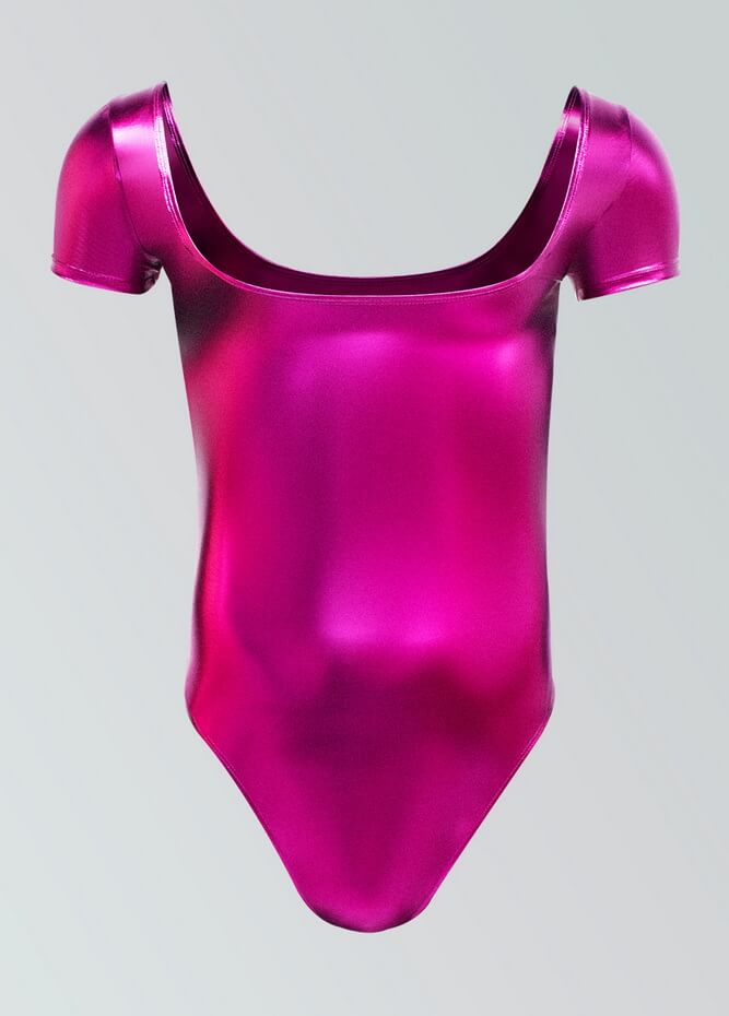 Mens Shiny Metallic Short Sleeve Square Neck Thong Leotard
