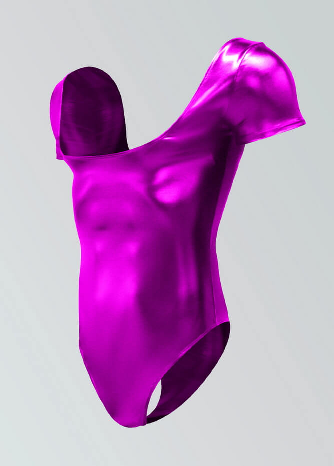 Mens Shiny Metallic Short Sleeve Square Neck Thong Leotard
