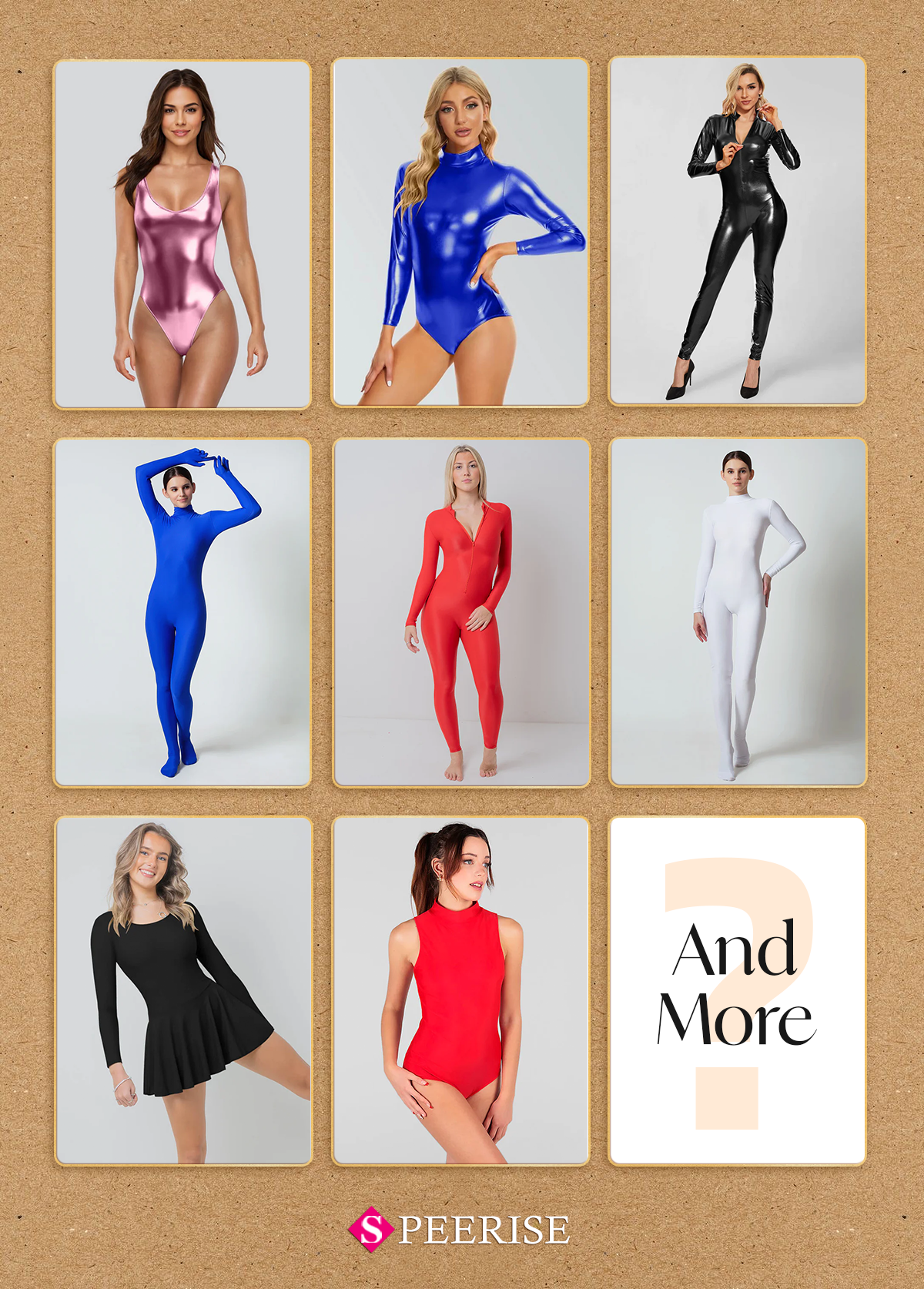 Grid of people wearing colorful bodysuits with 'Speerise' branding.