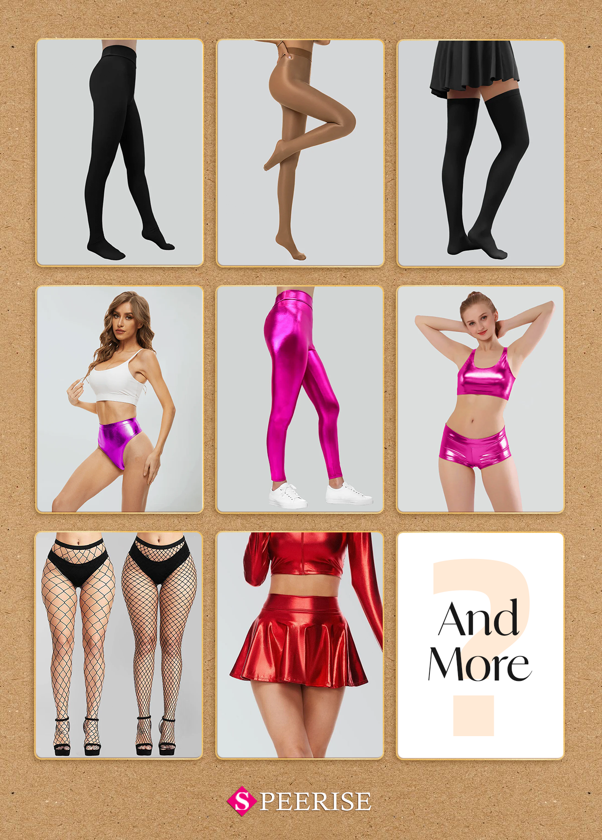 Promotional image of various types of tights and leggings with models wearing them, branded as Speerise.