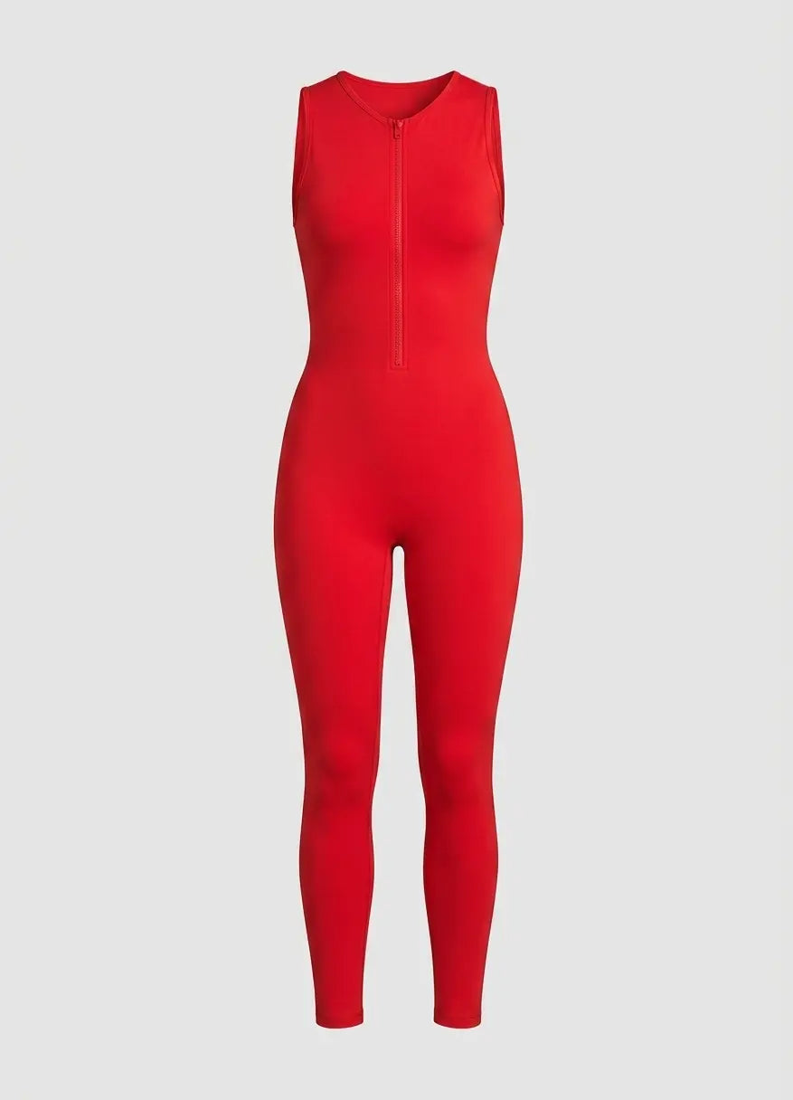 A bright red sleeveless one-piece jumpsuit with a front zipper, shown on a neutral light gray background.