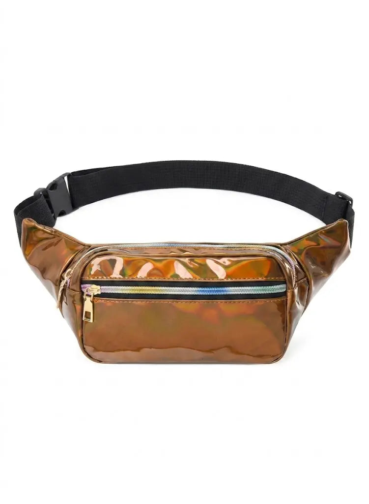 A shiny bronze-brown holographic fanny pack with a black adjustable waist strap and a front zippered pocket featuring a thin multicolor stripe detail.
