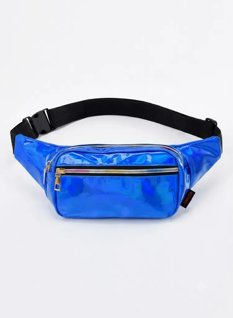 A shiny blue fanny pack with a black adjustable strap and silver zipper details, shown against a plain white background.