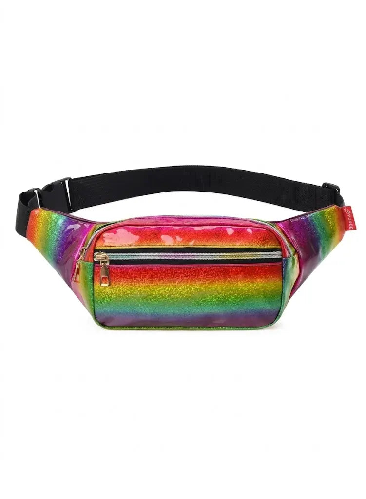 A rainbow holographic fanny pack with a black adjustable waist strap and a front zippered pocket, shown against a plain white background.