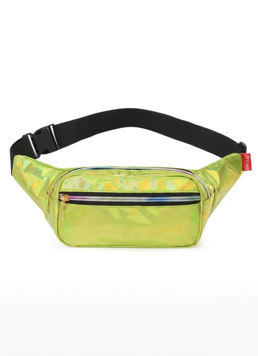 A lime green holographic fanny pack with a black adjustable strap and gold-tone hardware, shown against a plain white background.