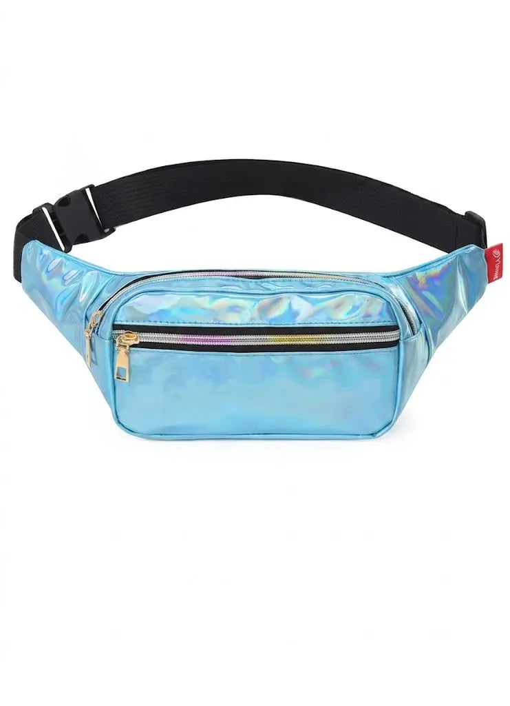 A light blue holographic fanny pack with a black adjustable strap and gold-tone zippers, shown against a plain white background.
