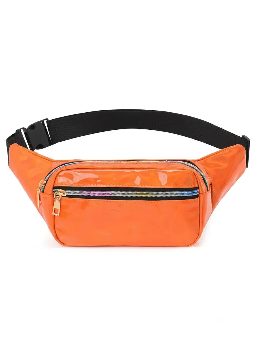 An orange fanny pack with a glossy patent finish, featuring a black adjustable waist strap, a front zippered pocket with gold-tone hardware, and a thin rainbow-striped accent line.