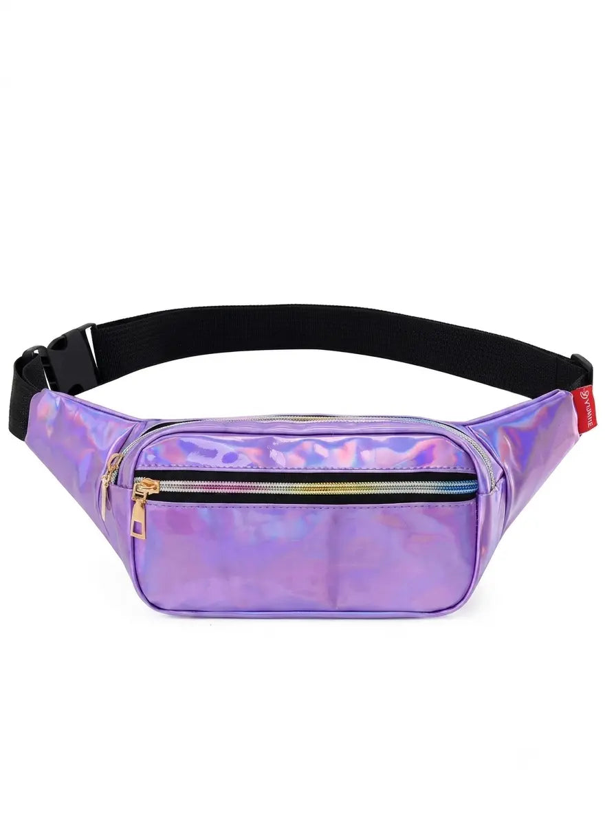 An iridescent holographic purple waist bag with a black adjustable strap and gold-tone zipper pulls, shown against a plain white background.