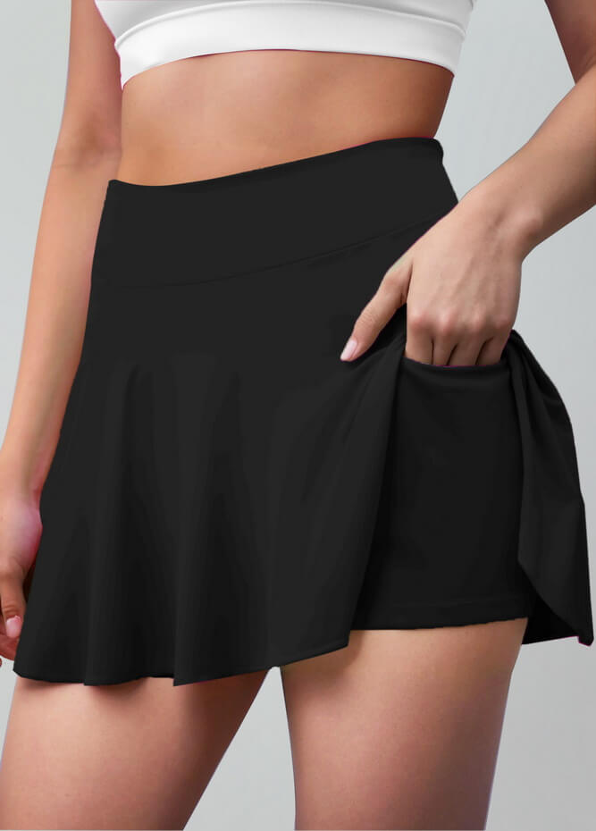 Versatile Stretchy Flared Tennis Skirt Built-in Shorts With Pockets