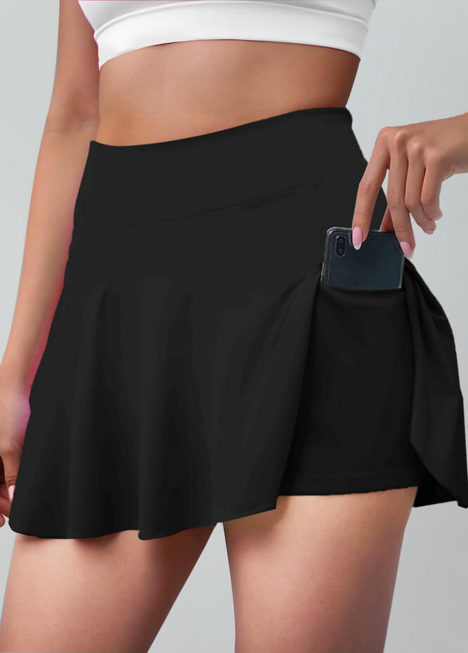 Versatile Stretchy Flared Tennis Skirt Built-in Shorts With Pockets