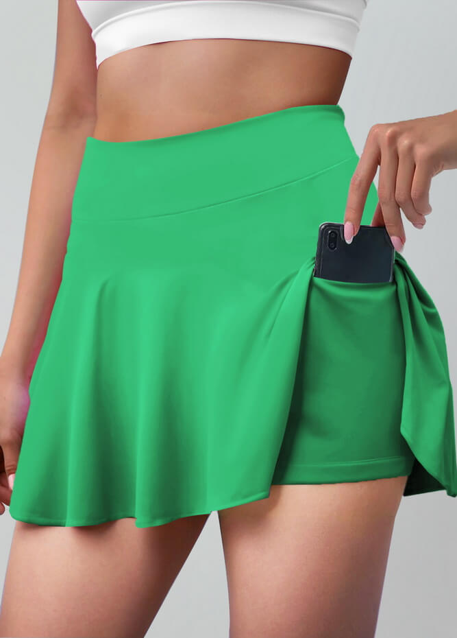 Versatile Stretchy Flared Tennis Skirt Built-in Shorts With Pockets
