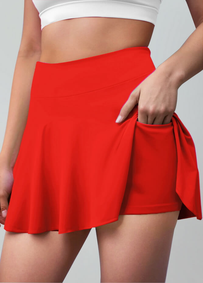 Versatile Stretchy Flared Tennis Skirt Built-in Shorts With Pockets