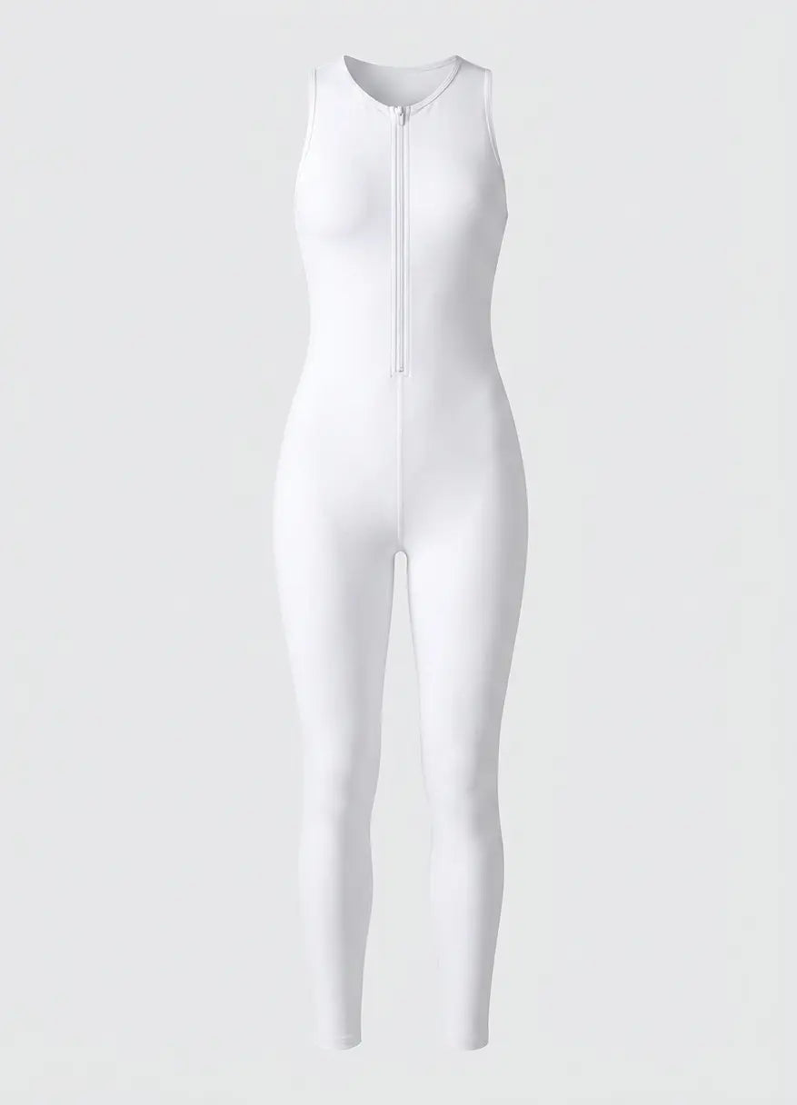 A white sleeveless one-piece jumpsuit with a front zipper, shown on a light gray background.
