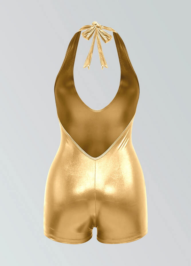Womens Metallic Halter V-Neck Short Unitard