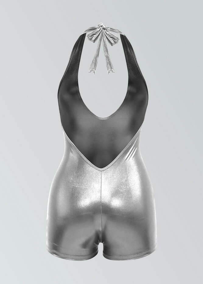 Womens Metallic Halter V-Neck Short Unitard