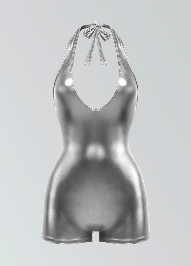 Womens Metallic Halter V-Neck Short Unitard