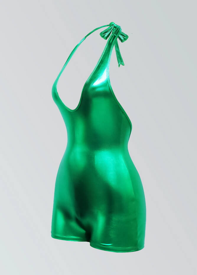 Womens Metallic Halter V-Neck Short Unitard