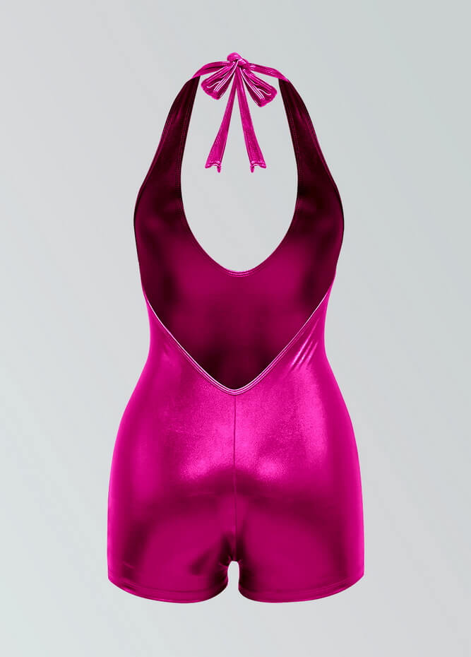 Womens Metallic Halter V-Neck Short Unitard
