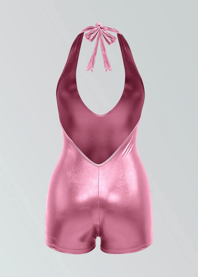 Womens Metallic Halter V-Neck Short Unitard