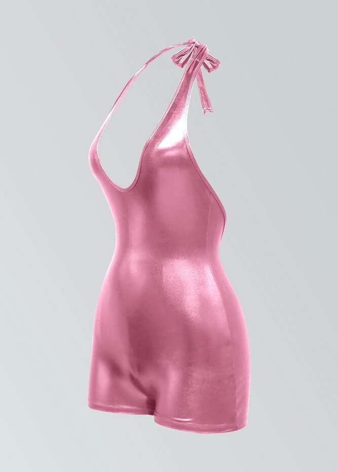 Womens Metallic Halter V-Neck Short Unitard