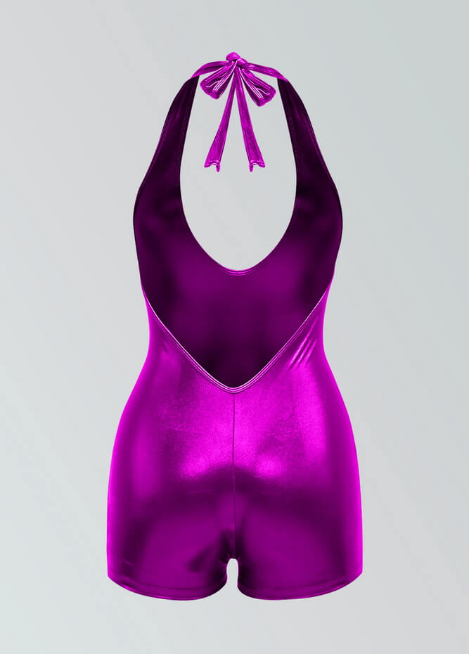 Womens Metallic Halter V-Neck Short Unitard