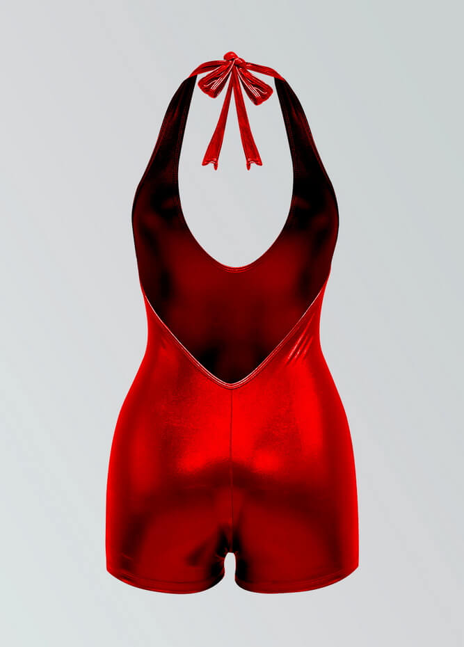 Womens Metallic Halter V-Neck Short Unitard