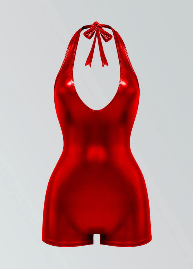 A red metallic halter V-neck short unitard with a bow detail at the neck.