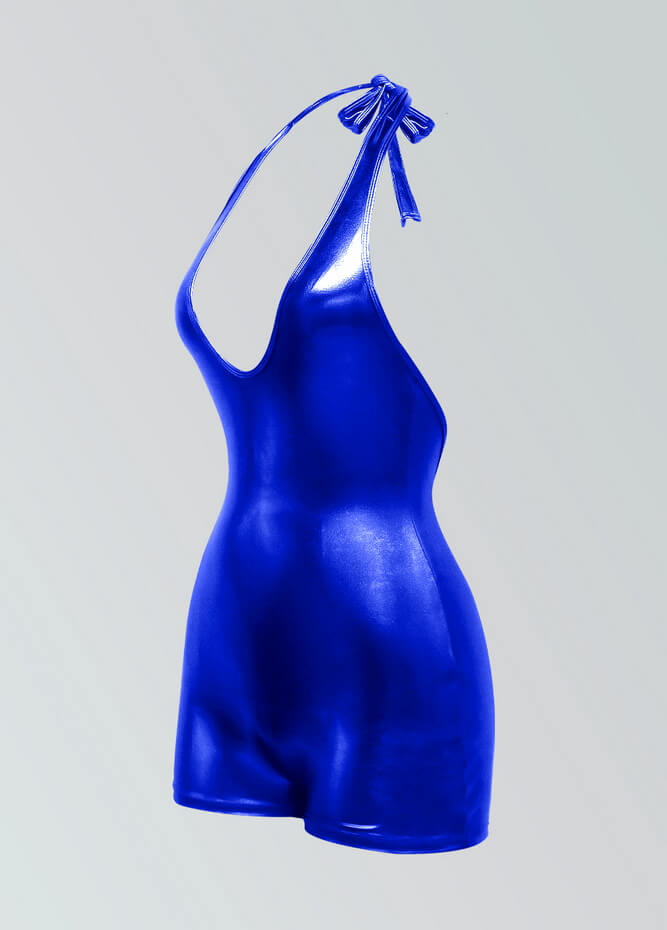 Womens Metallic Halter V-Neck Short Unitard