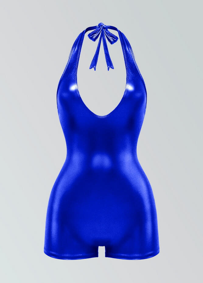 Womens Metallic Halter V-Neck Short Unitard