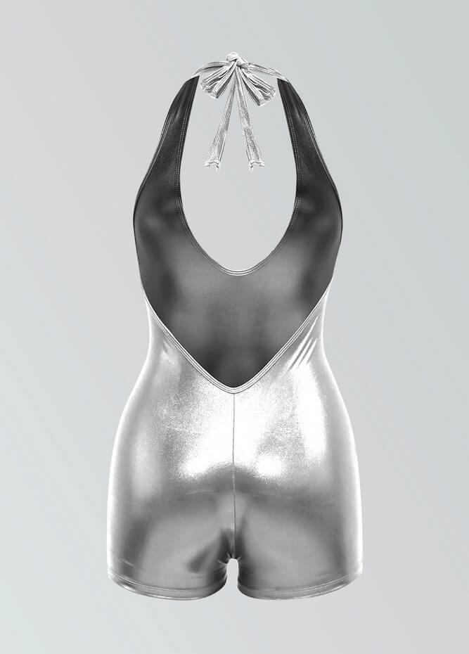 Womens Metallic Halter V-Neck Short Unitard