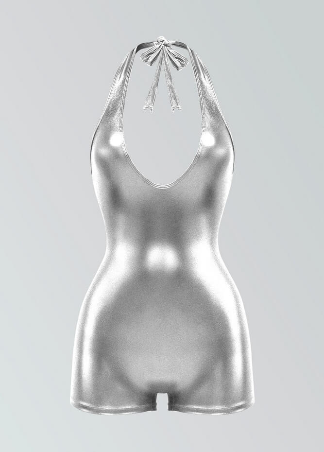 Womens Metallic Halter V-Neck Short Unitard