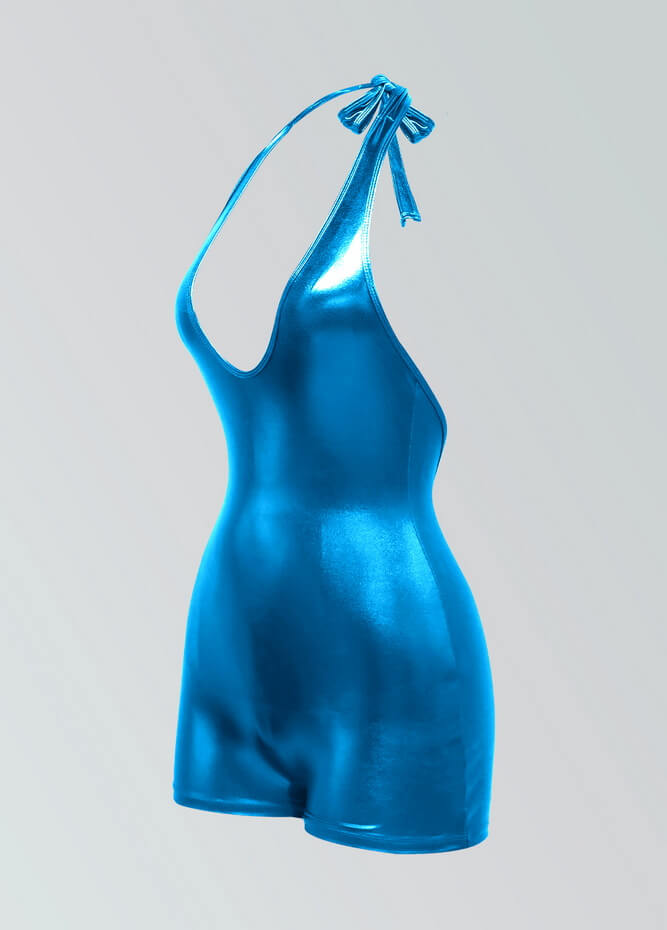 Womens Metallic Halter V-Neck Short Unitard