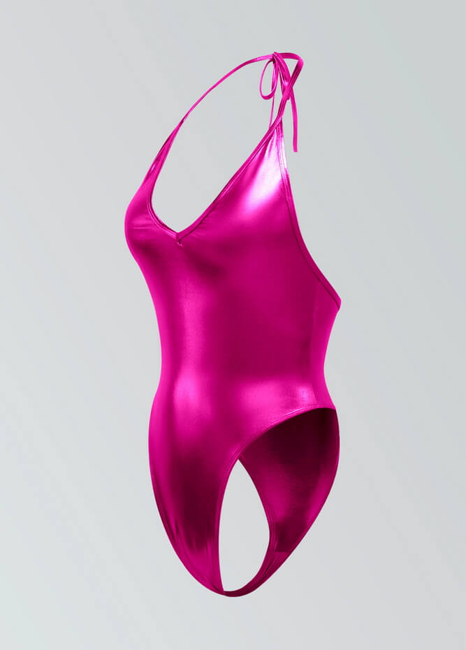 Womens Metallic Halter V-Neck Thong Leotard