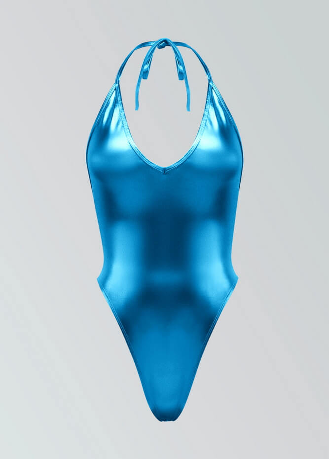 Womens Metallic Halter V-Neck Thong Leotard