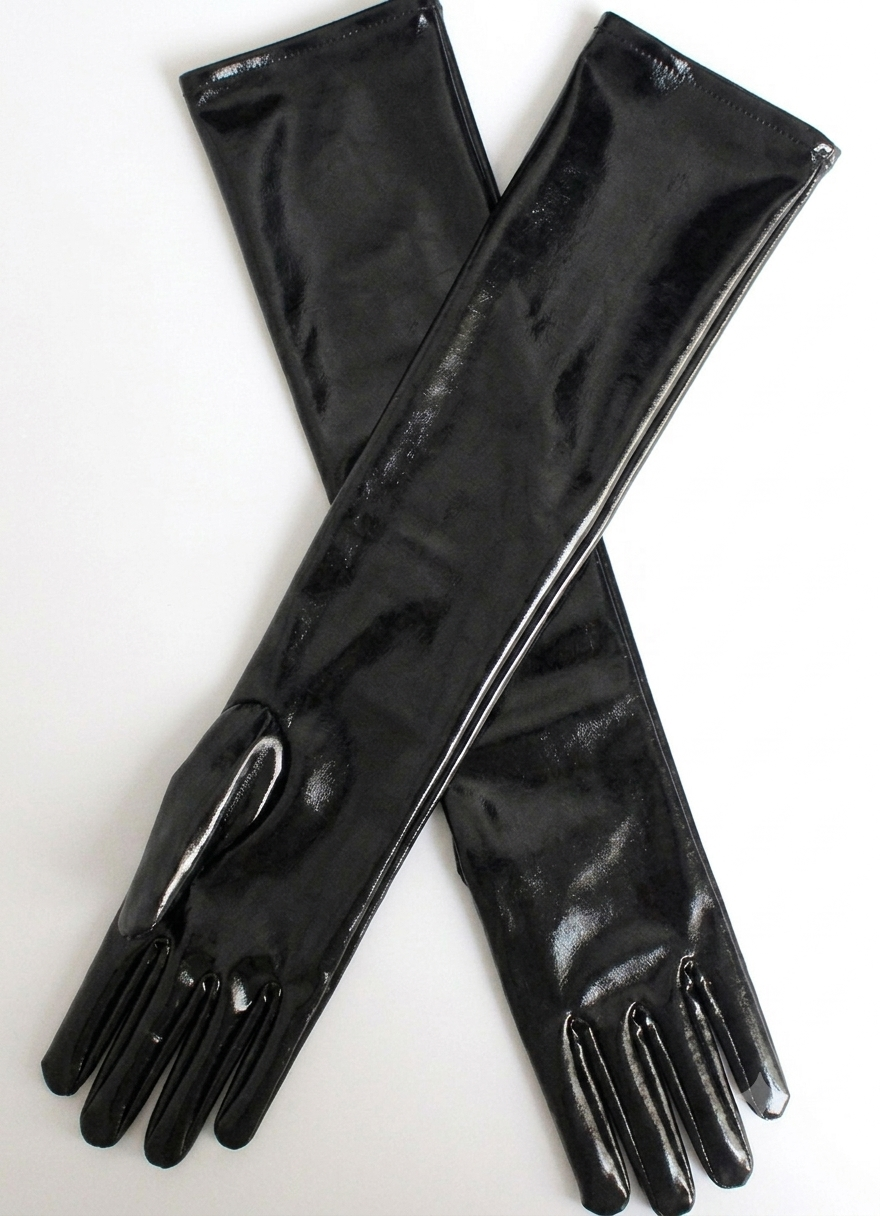 A pair of long, glossy black patent leather gloves crossed over each other on a plain white background.
