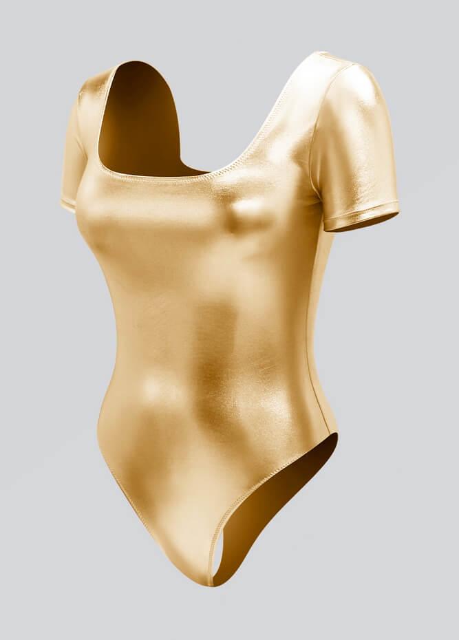 Womens Metallic Short Sleeve Thong Leotard