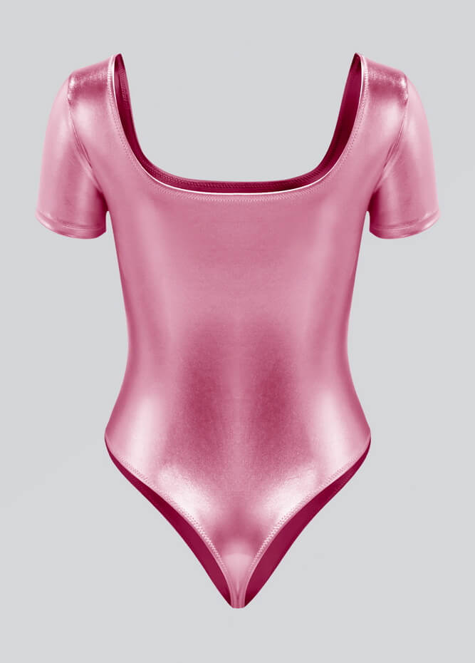 Womens Metallic Short Sleeve Thong Leotard